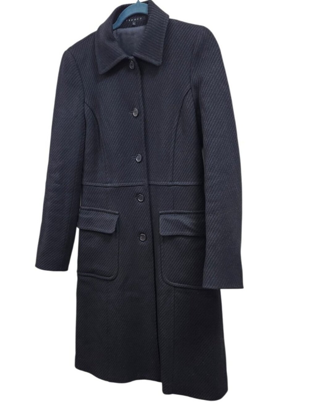 Theory Theory Black Wool Blend Textured Long Coat Women Petite P Double Breasted - Picture 4 of 16